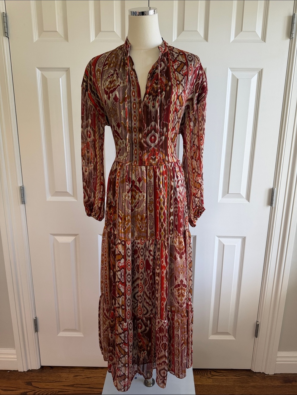 Zara Multicolor Rust Metalic Tiered Maxi Dress Bohemian Long Sleeve M